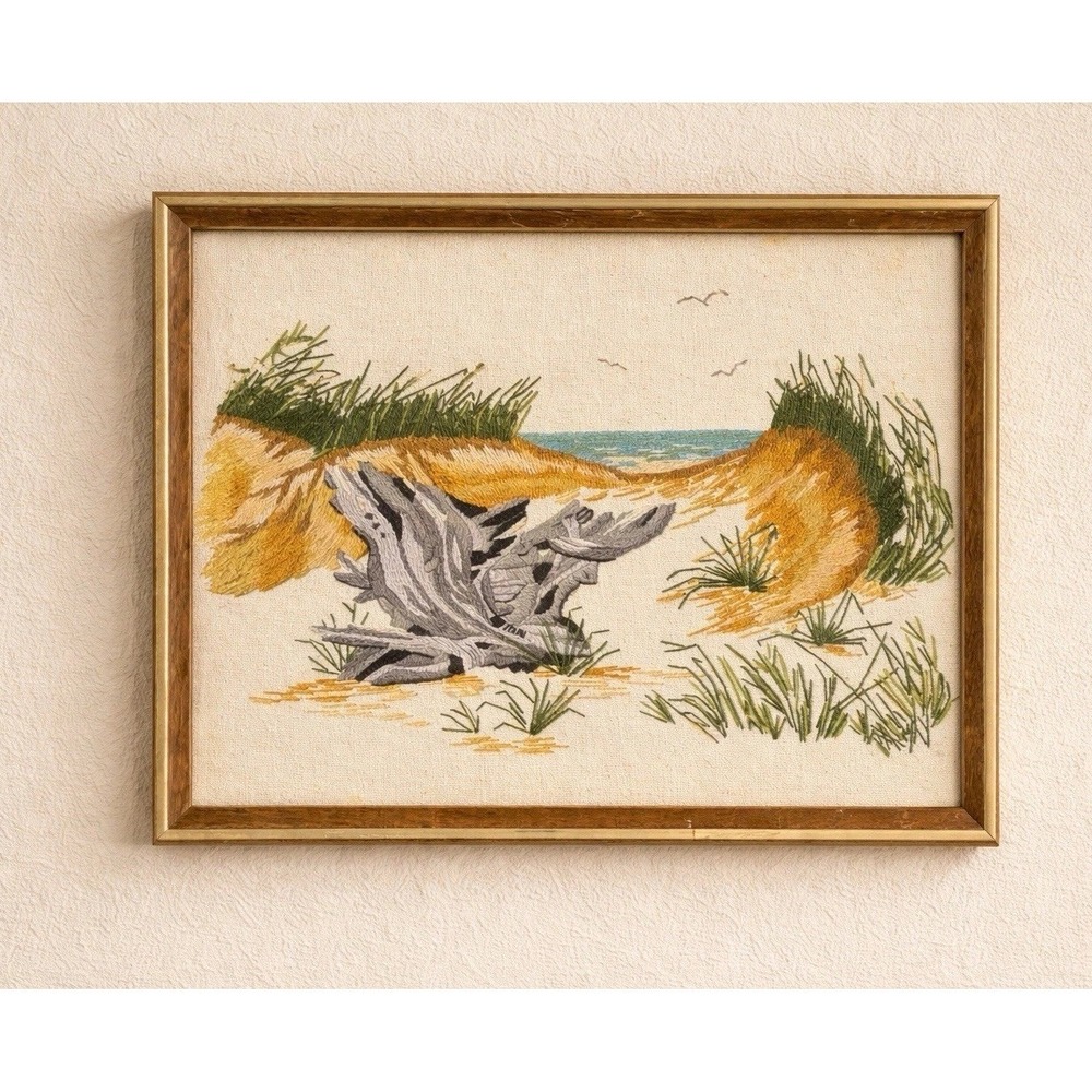 Vintage 70's Oceanscape Seaside Framed Needlepoint Crewel MCM Retro Beach 19x15"